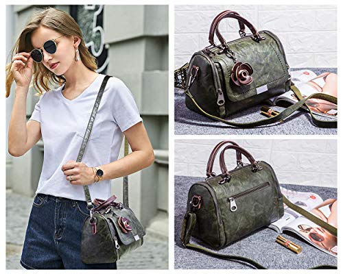 Mn&Sue Duffel Style Handbags for Women Small Top Handle Satchel Crossbody Mini Barrel Purse (Dark Green)