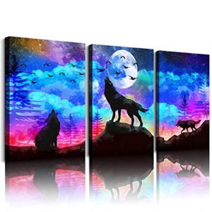 canvas wall art for living room bathroom wall decor for bedroom kitchen artwork canvas art prints 3 pieces modern framed office home decorations blue starry sky landscape paintings wolf hang pictures