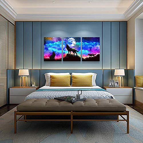 Canvas Wall Art For Living Room Bathroom Wall Decor For Bedroom Kitchen Artwork Canvas Art Prints 3 Pieces Modern Framed Office Home Decorations Blue Starry Sky Landscape Paintings Wolf Hang Pictures