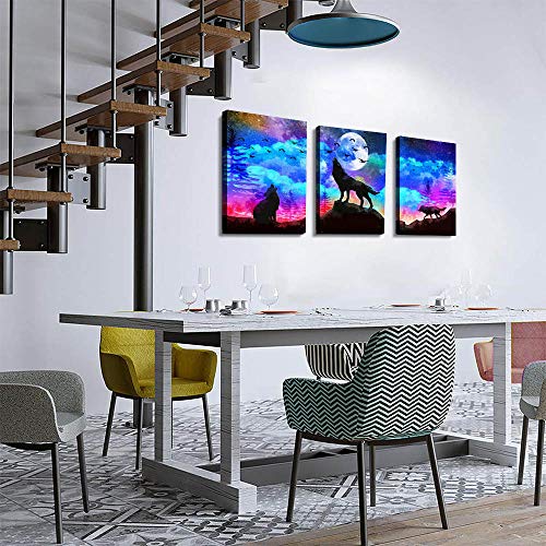 Canvas Wall Art For Living Room Bathroom Wall Decor For Bedroom Kitchen Artwork Canvas Art Prints 3 Pieces Modern Framed Office Home Decorations Blue Starry Sky Landscape Paintings Wolf Hang Pictures