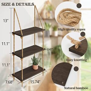 BAMFOX Hanging Wall Shelves,Swing Rope Floating Shelf,3 Tier Bamboo Hanging Storage Shelves for Living Room/Bedroom/Bathroom and Kitchen …