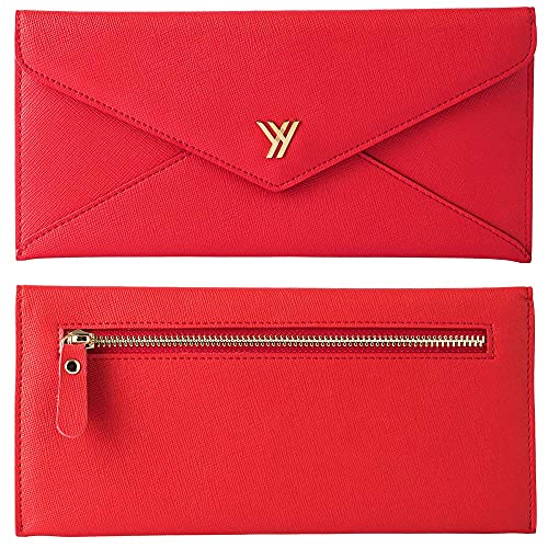 YBONNE Women's Long Wallet RFID Blocking Envelope Purse, Made of Saffiano Leather (Red)