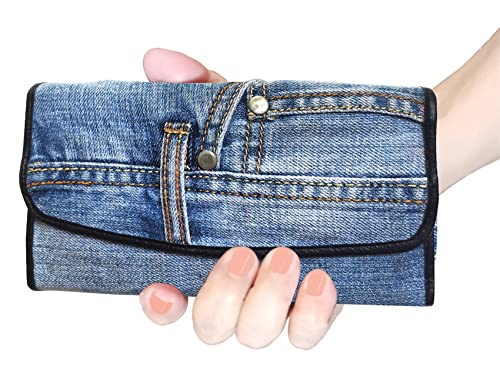 Bijoux De Ja Upcycling Blue Denim Large Capacity Money Flap Roomy Long Wallet Purse Clutch for Women BMW014