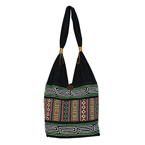 NOVICA Handmade Thai Hillside - Embroidered Multicolored Cotton Shoulder Bag, Tote Bag Large Shoulder Bag Top Handle Handbag with Yoga Mat Buckle for Gym, Work, School.