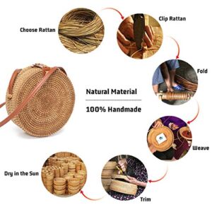 Handwoven Round Rattan Bag for Women Bali Ata Straw Bags Adjustable Shoulder Leather Straps