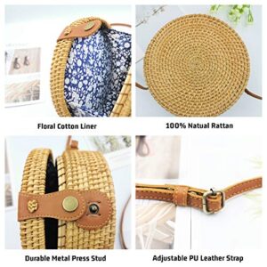 Handwoven Round Rattan Bag for Women Bali Ata Straw Bags Adjustable Shoulder Leather Straps