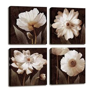 canvas wall art contemporary simple life white flowers floral canvas painting pictures for home bedroom decor – 4 panels framed artwork canvas prints brown giclee poster for living room bathroom decor