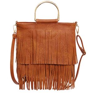 ayliss women fringe tassel crossbody bag leather shoulder bag hobo handbag (brown)