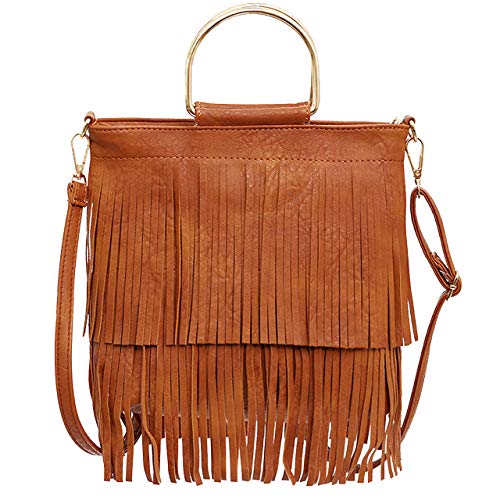 Ayliss Women Fringe Tassel Crossbody Bag Leather Shoulder Bag Hobo Handbag (Brown)