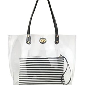 PVC Clear Womens Tote With Striped Zipper Clutch Weekender Shoulder Handbag (Black&White Stripes) Medium