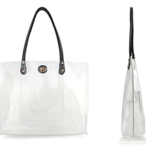 PVC Clear Womens Tote With Striped Zipper Clutch Weekender Shoulder Handbag (Black&White Stripes) Medium