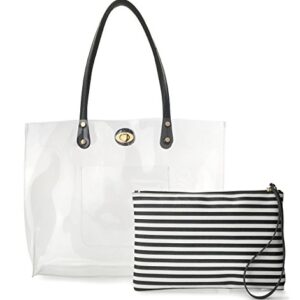 PVC Clear Womens Tote With Striped Zipper Clutch Weekender Shoulder Handbag (Black&White Stripes) Medium