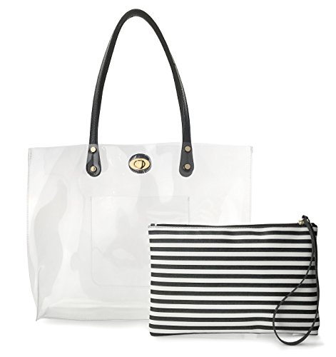 PVC Clear Womens Tote With Striped Zipper Clutch Weekender Shoulder Handbag (Black&White Stripes) Medium