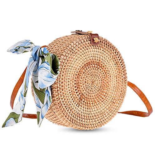 Rattan Bags for Women, Xmeng Straw Round Bali Ata Handbags Woven Circle Crossbody Wicker Purse Adjustable Strap Boho Bag