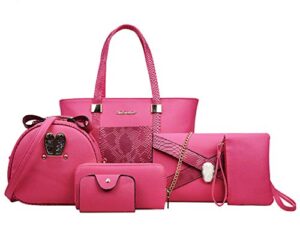 rullar women 6 pcs bag set stitching handbag and purse pu top-handle bag tote clutch wallet card holder rose