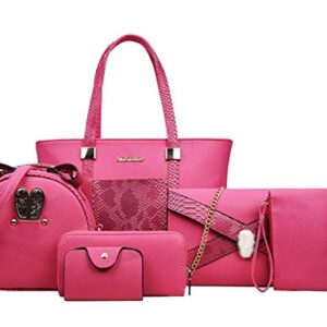 Rullar Women 6 Pcs Bag Set Stitching Handbag and Purse PU Top-handle Bag Tote Clutch Wallet Card Holder Rose