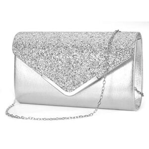 ziumudy women’s sparkle evening bags envelope clutches shoulder chain handbag bridal wedding purse (silver)
