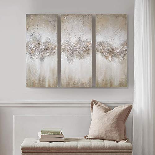 Madison Park Wall Art Living Room Décor - Embellished Hand Painted Canvas, Home Accent Glitter Abstract Bathroom Decoration Ready to Hang Painting for Bedroom, 15" W x 35" H x 1.5" D, Taupe 3 Piece