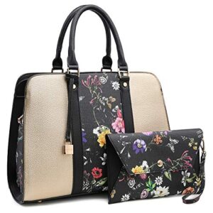 dasein women handbag and purse two-tone satchel bag top handle work tote padlock shoulder bag three compartments(gold and black flower)