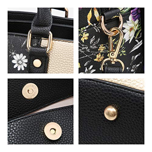 Dasein Women Handbag and Purse Two-tone Satchel Bag Top Handle Work Tote Padlock Shoulder Bag Three Compartments(Gold and black flower)