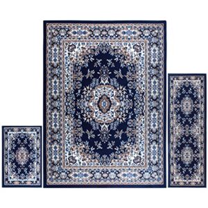 home dynamix ariana ksara area rug 3 piece set (4’11” x6’11,1’8″ x4’11,1’8″ x2’8), border navy blue