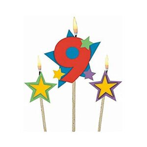 #9 decorative birthday candle & star candles | party supply, (pack of 3) 5″, 7″