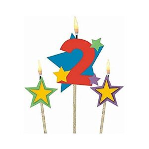 #2 decorative birthday candle & star candles | party supply, multi color, (pack of 3) 5″, 7″