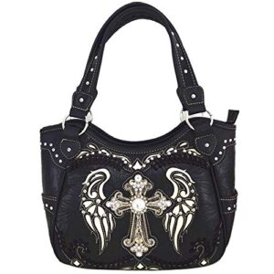 Western Style Cross Laser Cut Wings Purse Concealed Carry Handbags Women Country Shoulder Bag Wallet Set (#4 Black Set)