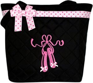 lil princess girl’s quilted dance ballet slippers tote bag with pink polka dot bow, black