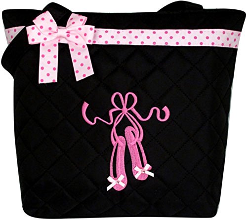 Lil Princess Girl's Quilted Dance Ballet Slippers Tote Bag with Pink Polka Dot Bow, Black