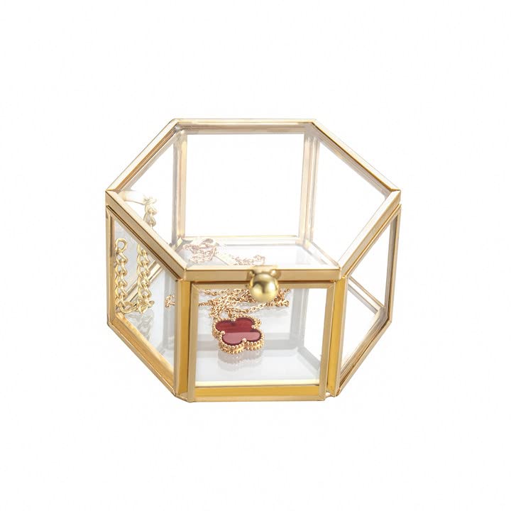 Feyarl Small Gold Glass Jewelry Trinket Tiny Box Ornate Ring Earring Display Box Keepsake Organizer Case Artificial Flower Petals Decorative Box Valentine Wedding Birthday Gift