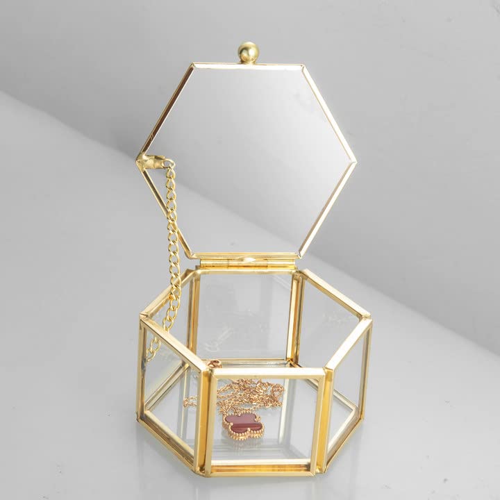 Feyarl Small Gold Glass Jewelry Trinket Tiny Box Ornate Ring Earring Display Box Keepsake Organizer Case Artificial Flower Petals Decorative Box Valentine Wedding Birthday Gift