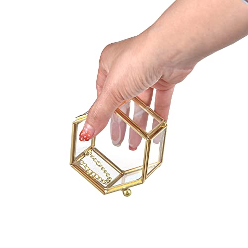 Feyarl Small Gold Glass Jewelry Trinket Tiny Box Ornate Ring Earring Display Box Keepsake Organizer Case Artificial Flower Petals Decorative Box Valentine Wedding Birthday Gift