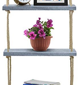 Sorbus Wood Hanging Shelf 3-Tier Rustic Wood Swing Storage Shelves Rope Organizer Rack, Floating Display Shelves (Grey)