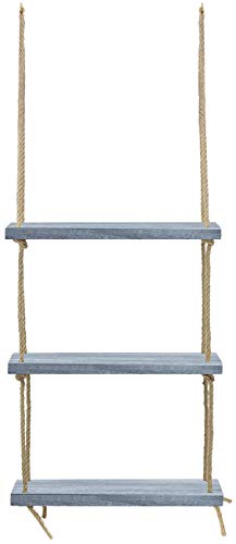 Sorbus Wood Hanging Shelf 3-Tier Rustic Wood Swing Storage Shelves Rope Organizer Rack, Floating Display Shelves (Grey)