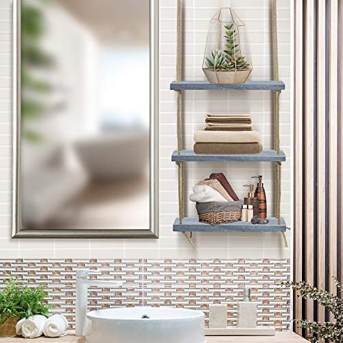 Sorbus Wood Hanging Shelf 3-Tier Rustic Wood Swing Storage Shelves Rope Organizer Rack, Floating Display Shelves (Grey)