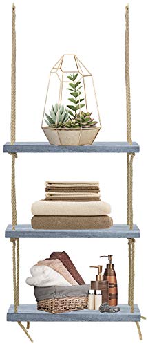 Sorbus Wood Hanging Shelf 3-Tier Rustic Wood Swing Storage Shelves Rope Organizer Rack, Floating Display Shelves (Grey)