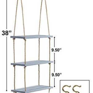 Sorbus Wood Hanging Shelf 3-Tier Rustic Wood Swing Storage Shelves Rope Organizer Rack, Floating Display Shelves (Grey)