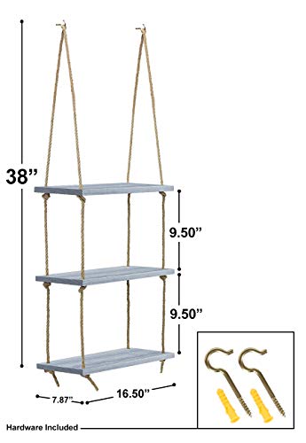 Sorbus Wood Hanging Shelf 3-Tier Rustic Wood Swing Storage Shelves Rope Organizer Rack, Floating Display Shelves (Grey)