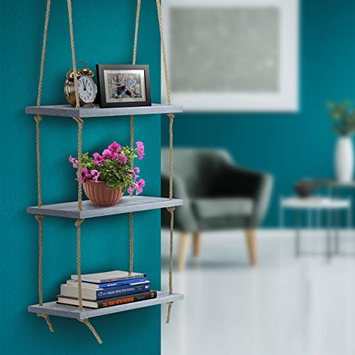 Sorbus Wood Hanging Shelf 3-Tier Rustic Wood Swing Storage Shelves Rope Organizer Rack, Floating Display Shelves (Grey)