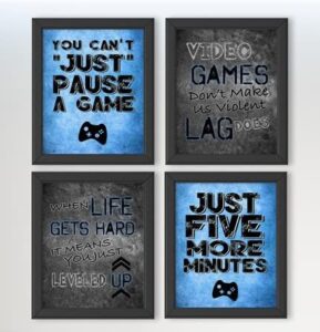 you can’t just pause a game – video gamer themed wall art decor prints for a gaming room (set of 4) poster sign blue black grey bedroom