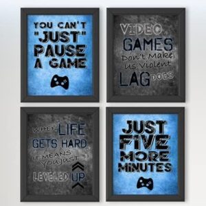 You Can't Just Pause A Game - Video Gamer Themed Wall Art Decor Prints for a Gaming Room (Set of 4) Poster Sign Blue Black Grey Bedroom