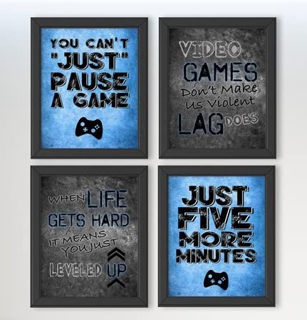 You Can't Just Pause A Game - Video Gamer Themed Wall Art Decor Prints for a Gaming Room (Set of 4) Poster Sign Blue Black Grey Bedroom