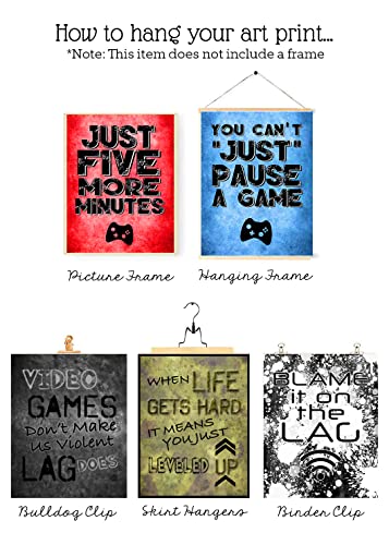 You Can't Just Pause A Game - Video Gamer Themed Wall Art Decor Prints for a Gaming Room (Set of 4) Poster Sign Blue Black Grey Bedroom