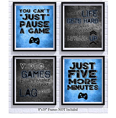 You Can't Just Pause A Game - Video Gamer Themed Wall Art Decor Prints for a Gaming Room (Set of 4) Poster Sign Blue Black Grey Bedroom