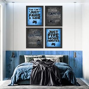 You Can't Just Pause A Game - Video Gamer Themed Wall Art Decor Prints for a Gaming Room (Set of 4) Poster Sign Blue Black Grey Bedroom