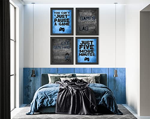 You Can't Just Pause A Game - Video Gamer Themed Wall Art Decor Prints for a Gaming Room (Set of 4) Poster Sign Blue Black Grey Bedroom