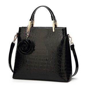women tote bag shoulder purse patent leather handbag designer crocodile rose top handle bag office satchel totes, black