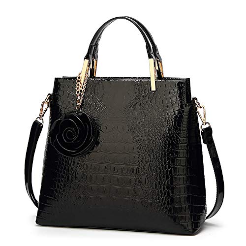 Women Tote Bag Shoulder Purse Patent Leather HandBag Designer Crocodile Rose Top Handle Bag Office Satchel Totes, Black