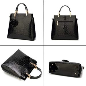 Women Tote Bag Shoulder Purse Patent Leather HandBag Designer Crocodile Rose Top Handle Bag Office Satchel Totes, Black